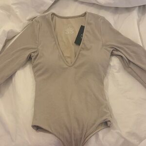 Klassy deep VNeck Long Sleeve Bodysuit - beige